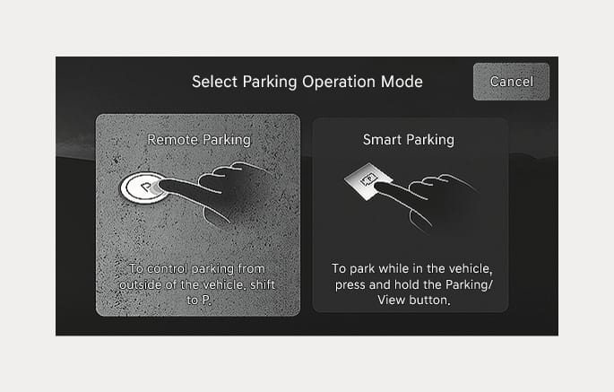 2025 Genesis GV70 infotainment screen image showing the 'Select Parking Operation Mode' menu. The screen presents two options: 'Remote Parking' on the left, illustrating a hand pressing a 'P' button with text 'To control parking from outside of the vehicle, shift to P.', and 'Smart Parking' on the right, illustrating a hand pressing a view button with text 'To park while in the vehicle, press and hold the Parking/View button.' Explains how to select the parking operation mode.