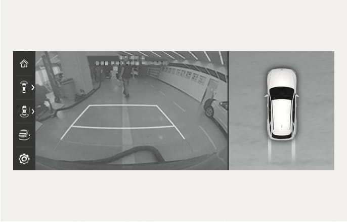 2025 Genesis GV70 Remote Smart Parking Assist screen image. The split display shows the rear camera view with parking guidelines on the left and a top-down vehicle view on the right. This explains the visual monitoring interface during remote parking operations.