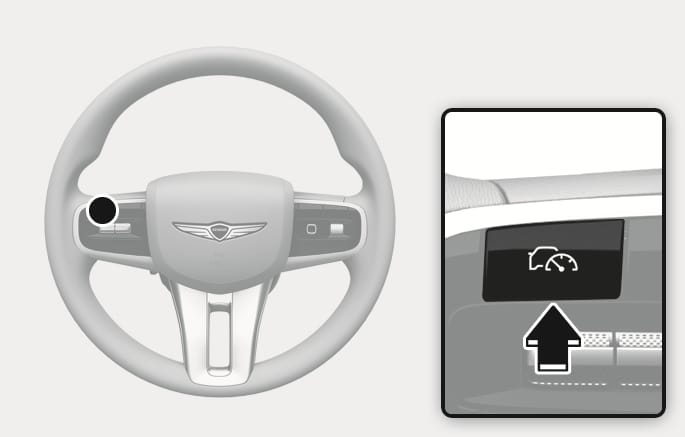 2025 Genesis GV70 Driving Assist button image. It shows the steering wheel with the button on the left spoke highlighted and a detailed view of the button featuring a car and speedometer icon. A black arrow points upwards to indicate the pressing action. Explains the function of pressing the button to set the speed or turn off the Cruise Control.