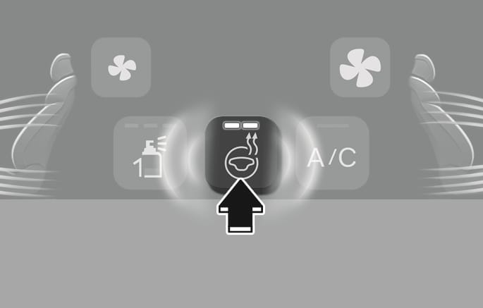 2025 Genesis GV70 heated steering wheel button image. A black arrow points upward to the heated steering wheel icon on the control panel, featuring a steering wheel symbol with wavy heat lines. This explains the function of touching the icon to activate the warmer or adjust the temperature.