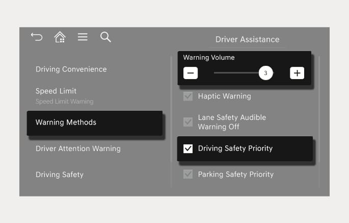 2025 Genesis GV70 Driver Assistance settings screen image. The 'Warning Methods' menu is selected, showing the 'Warning Volume' slider set to 3 and the 'Driving Safety Priority' checkbox selected. This illustrates the function of adjusting warning levels and prioritizing safety alerts.