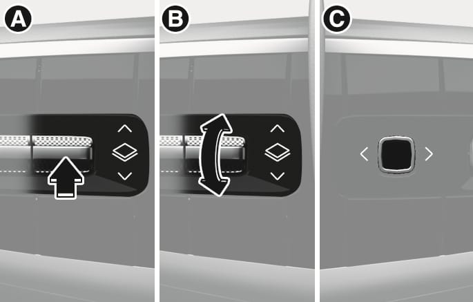 2025 제네시스 GV70 클러스터 메뉴 설정 스위치 조작 이미지입니다. (A)는 모드 버튼을 누르는 동작을 굵은 화살표로, (B)는 스위치를 위아래로 조작하는 동작을 양방향 곡선 화살표로 나타냅니다. (C)는 중앙의 OK 및 옵티컬 마우스 버튼을 보여줍니다. 각 스위치를 조작하여 게이지 표시 방식을 변경하거나 뷰 모드를 조절하고, 메뉴를 선택하는 기능을 설명합니다.