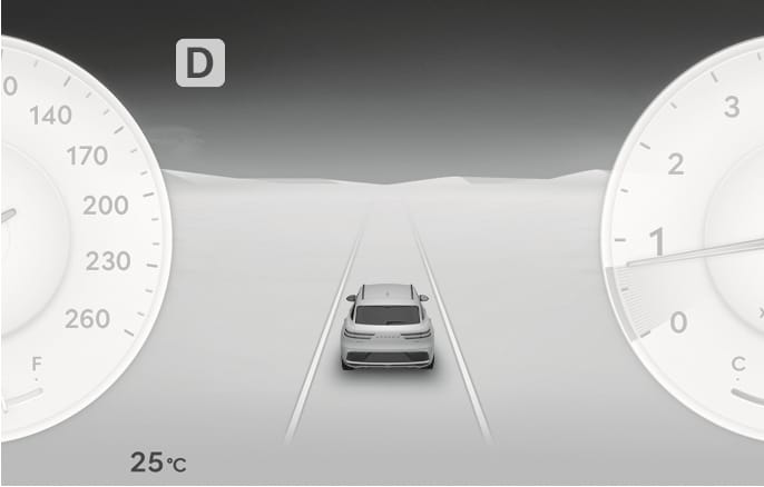 2025 제네시스 GV70 클러스터의 ADAS 모드 화면 이미지입니다. 화면 중앙에 주행 중인 차량의 후면 그래픽과 도로 차선이 표시되어 있고, 좌우측 가장자리에는 계기판 다이얼의 일부가 보입니다. 좌측 상단에는 기어 위치 'D' 아이콘이 있습니다. 스마트 크루즈 컨트롤 및 차로 유지 보조 등 운전자 보조 시스템의 작동 상태를 시각적으로 확인하는 기능을 설명합니다.