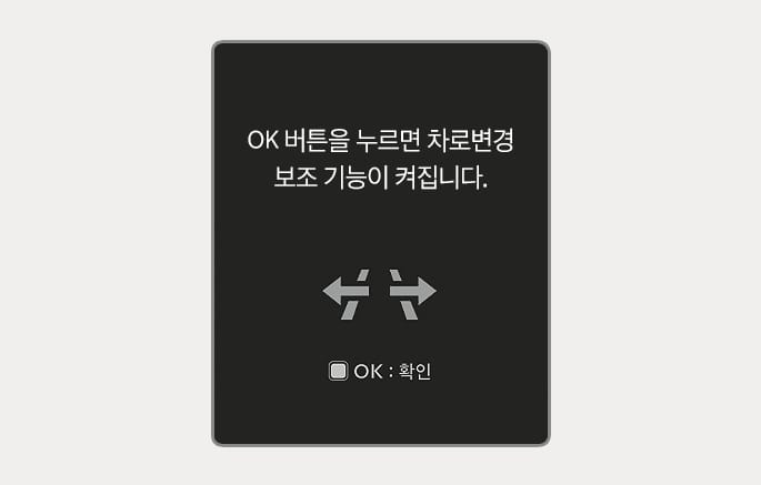 2025 제네시스 GV70 고속도로 차로변경 보조 활성화 알림 이미지입니다. 클러스터 화면 중앙에 'OK 버튼을 누르면 차로변경 보조 기능이 켜집니다.'라는 문구와 차선 변경을 형상화한 좌우 화살표 아이콘이 표시되어 있습니다. 하단에는 'OK : 확인' 안내가 있으며, 스티어링 휠의 OK 버튼을 눌러 기능을 켜는 방법을 설명합니다.