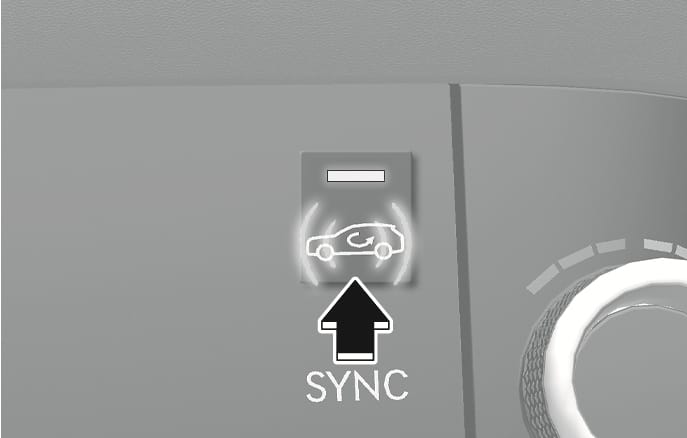 2025 제네시스 GV70 내기 순환 버튼 이미지입니다. SYNC 문구 위, 차량 내 굽은 화살표 아이콘이 있는 버튼을 검은색 화살표가 가리키고 있습니다. 버튼 상단 흰색 표시등이 점등되어 있으며, 실내 공기 순환 모드 선택 및 작동 여부를 확인하는 기능을 설명합니다.