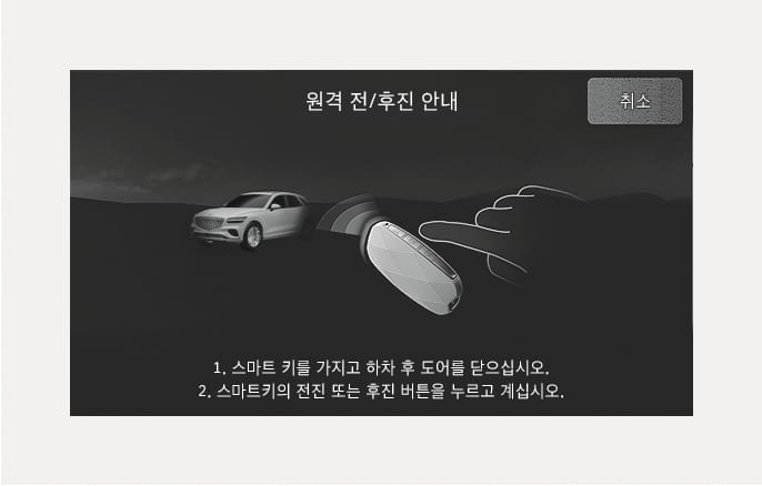 2025 제네시스 GV70 원격 전/후진 안내 화면 이미지입니다. 스마트 키 측면 버튼을 누르는 손동작과 차량으로 신호가 전달되는 그래픽이 있습니다. 하단에는 하차 후 도어를 닫고 키의 전진 또는 후진 버튼을 누르라는 문구가 있습니다. 외부에서 스마트 키로 차량 이동을 제어하는 기능을 설명합니다.