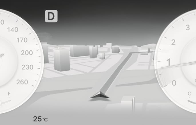 2025 제네시스 GV70 클러스터 Map 모드 화면 이미지입니다. 좌우측의 속도계와 회전계 게이지 사이에 3D 지도 화면이 배경으로 표시되어 있습니다. 화면 중앙에는 주행 경로를 안내하는 화살표와 주변 건물들이 입체적으로 나타나 있으며, 상단에는 기어 단수 D가 표시되어 있습니다. 내비게이션과 연동된 주행 경로 및 지도 정보를 클러스터 화면에 표시하는 기능을 설명합니다.